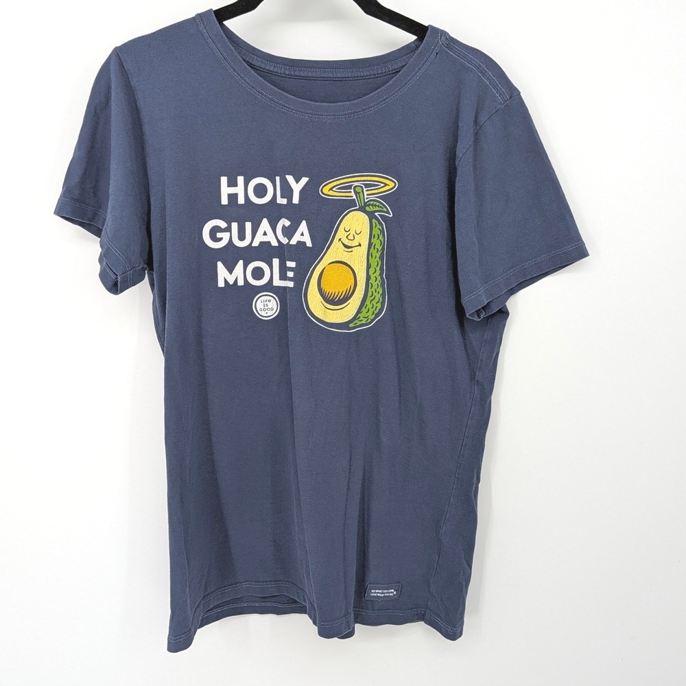 Life Is Good Crusher Top Womens Small Blue Holy Guaca Mole Avocado T-Shirt